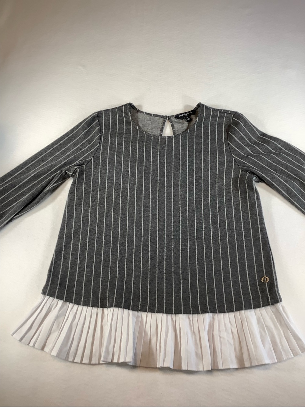 Sharagano Gray Pinstripe Long Sleeve Top with White Pleated Hem Detail